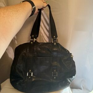 JUICY COUTURE BLACK LEATHER GOLD STUDDED LARGE ZIP TOP TASSEL TOTE BAG PURSE